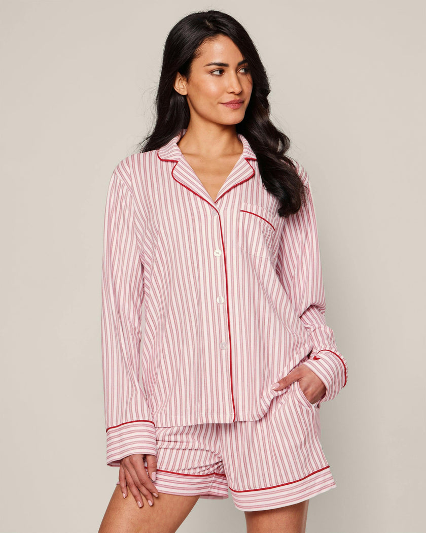 Women's Pima Long Sleeve Short Set in Antique Red Ticking