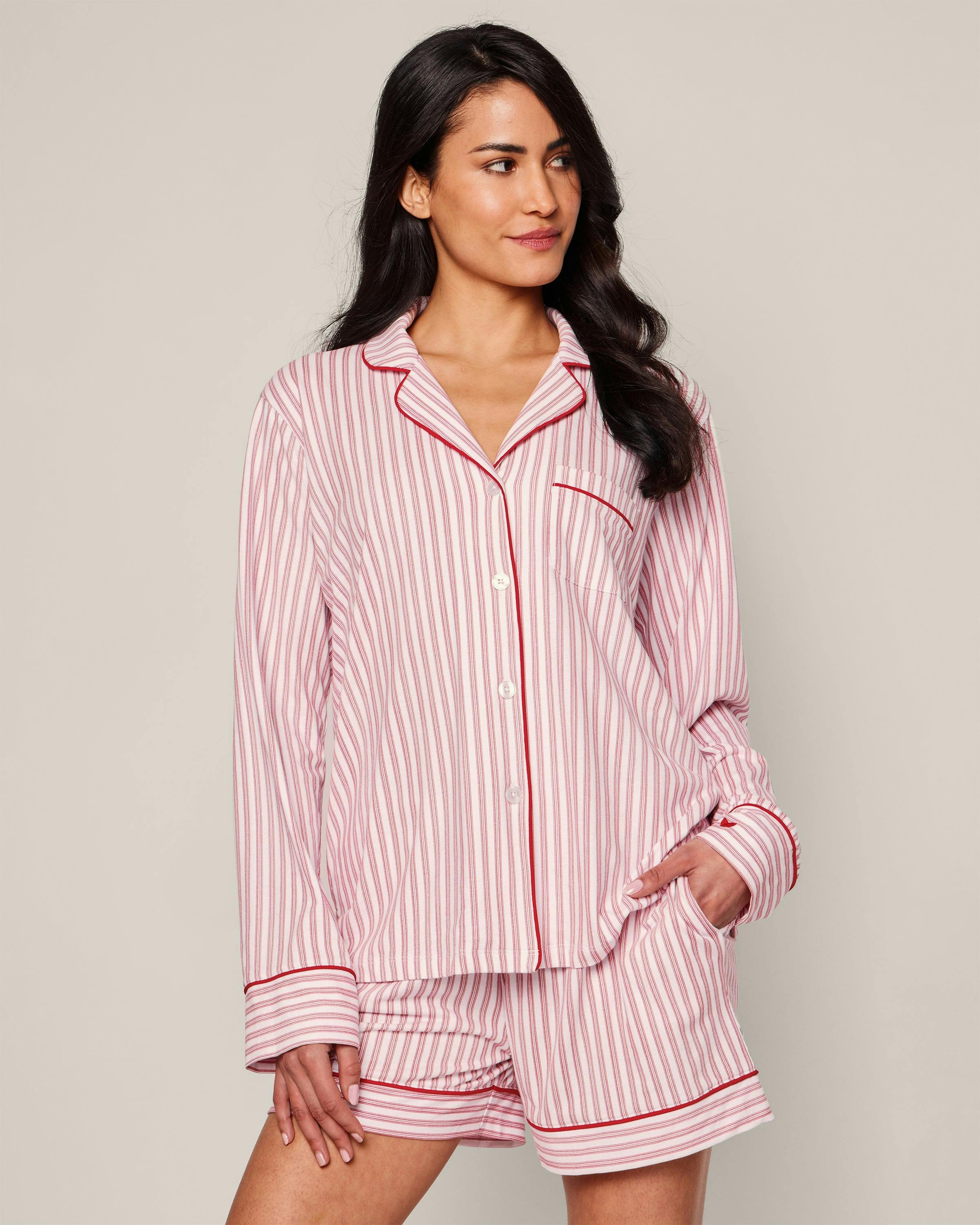 Women's Pima Long Sleeve Short Set in Antique Red Ticking