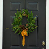 Evergreen Forest Mixed Greens & Pine Cone Holiday Winter Front Door Crest Christmas Wreath with Gold Velvet Bow