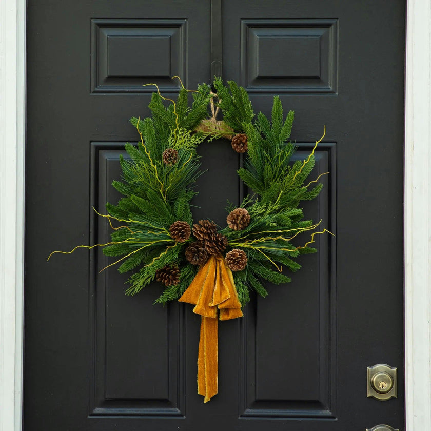 Evergreen Forest Mixed Greens & Pine Cone Holiday Winter Front Door Crest Christmas Wreath with Gold Velvet Bow