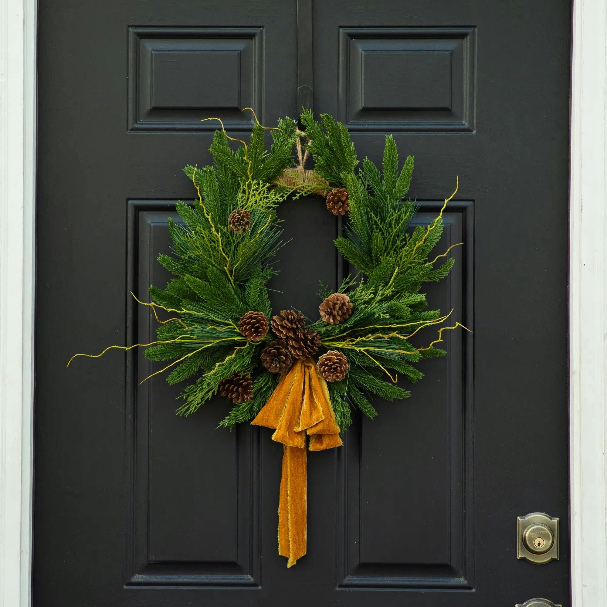 Evergreen Forest Mixed Greens & Pine Cone Holiday Winter Front Door Crest Christmas Wreath with Gold Velvet Bow