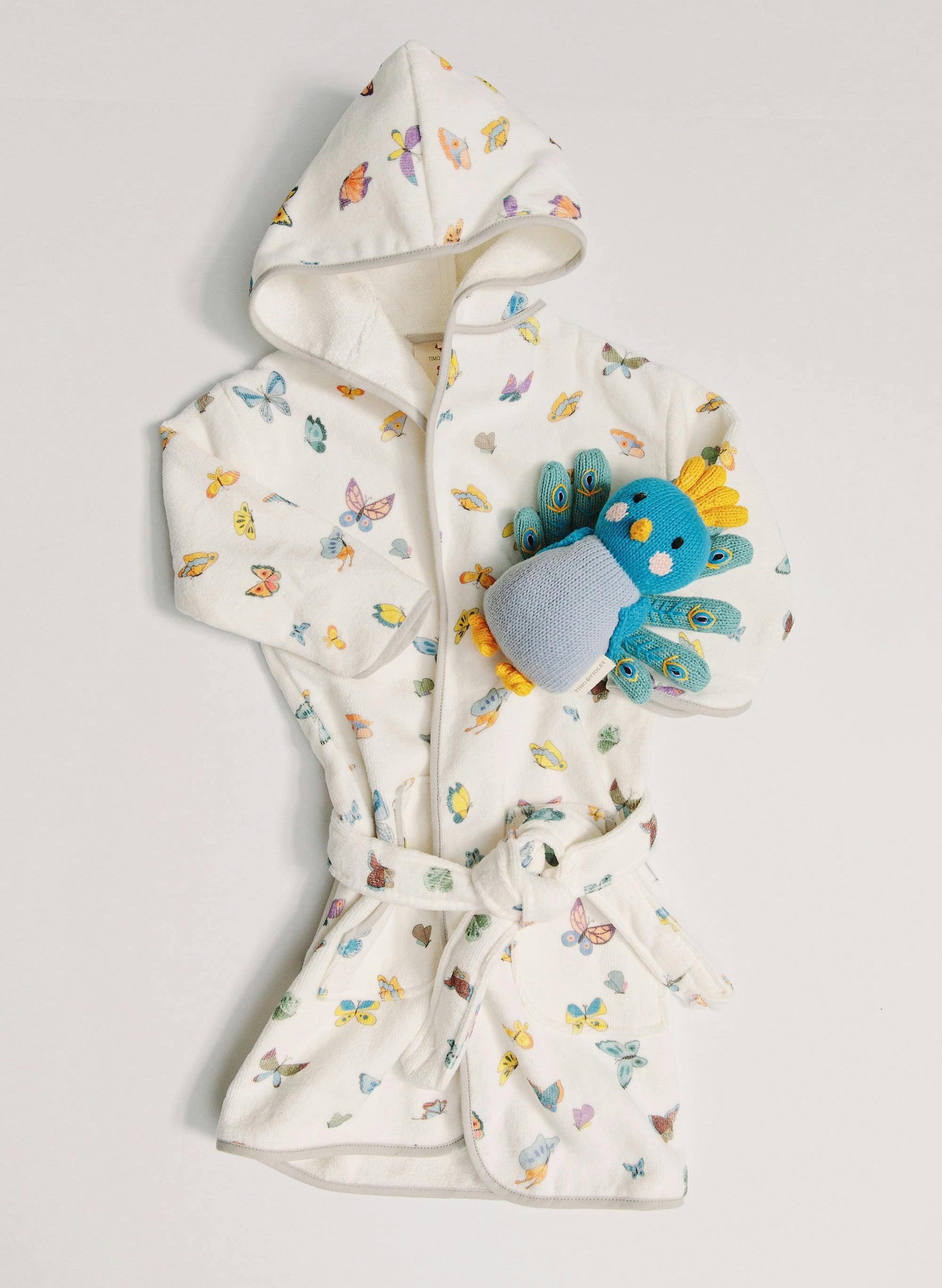 Organic Children’s Bathrobe – Madame Butterfly and Violet the Peacock - Knit Doll