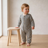 Organic Long Sleeve Button Romper - Charcoal Plaid