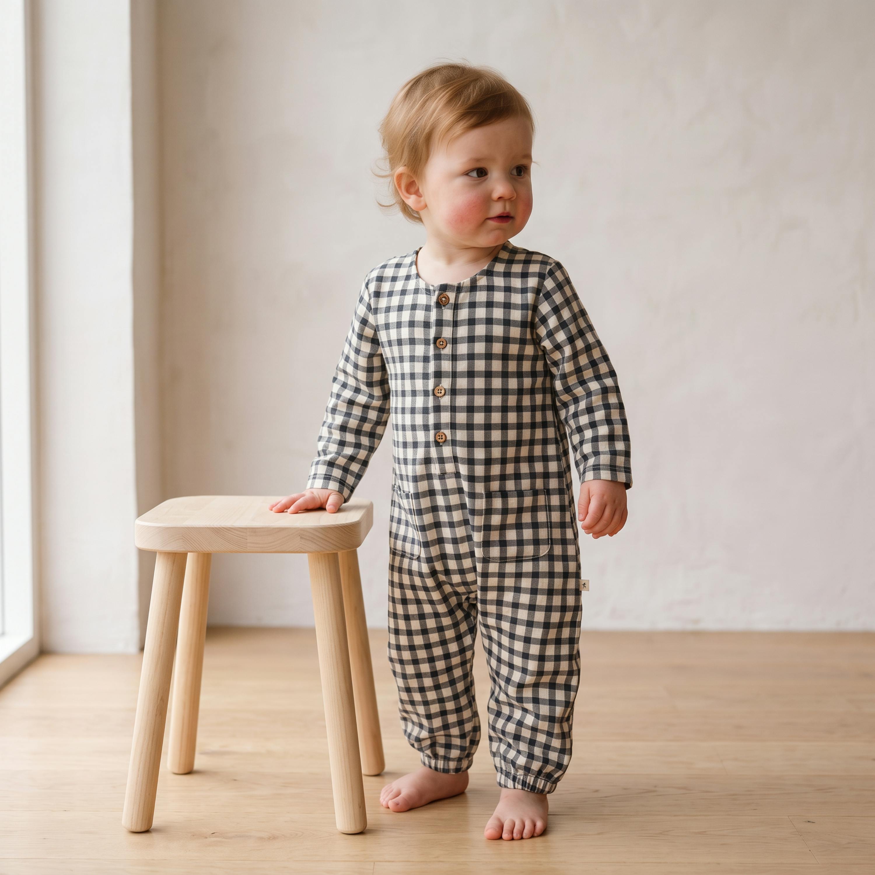 Organic Long Sleeve Button Romper - Charcoal Plaid