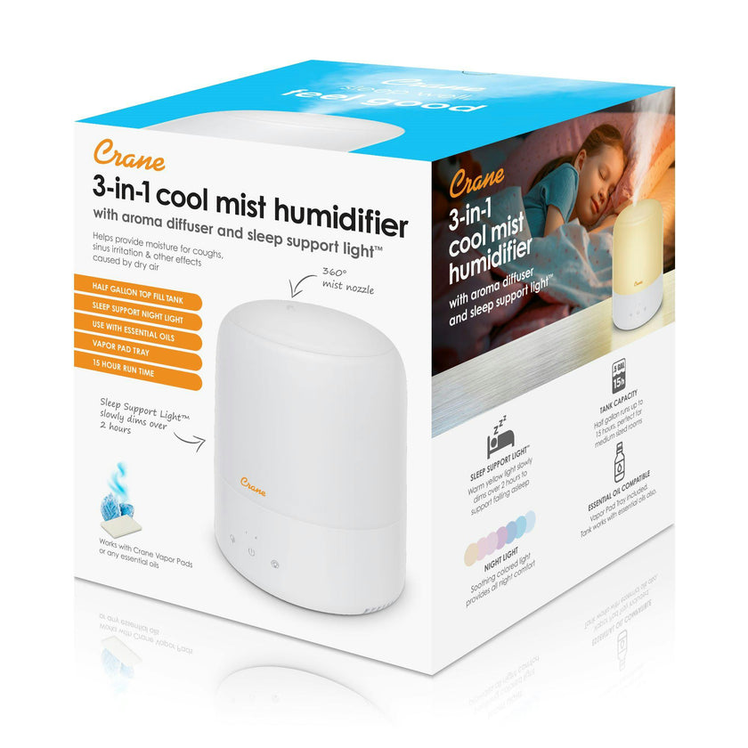 3-in-1 Compact Humidifier, 0.5 Gallon with Sleep Support Light & Aroma Diffuser
