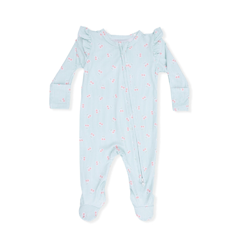 Tiny Cherry Stripe - 2 Way Ruffle Sleeve Zipper Footie