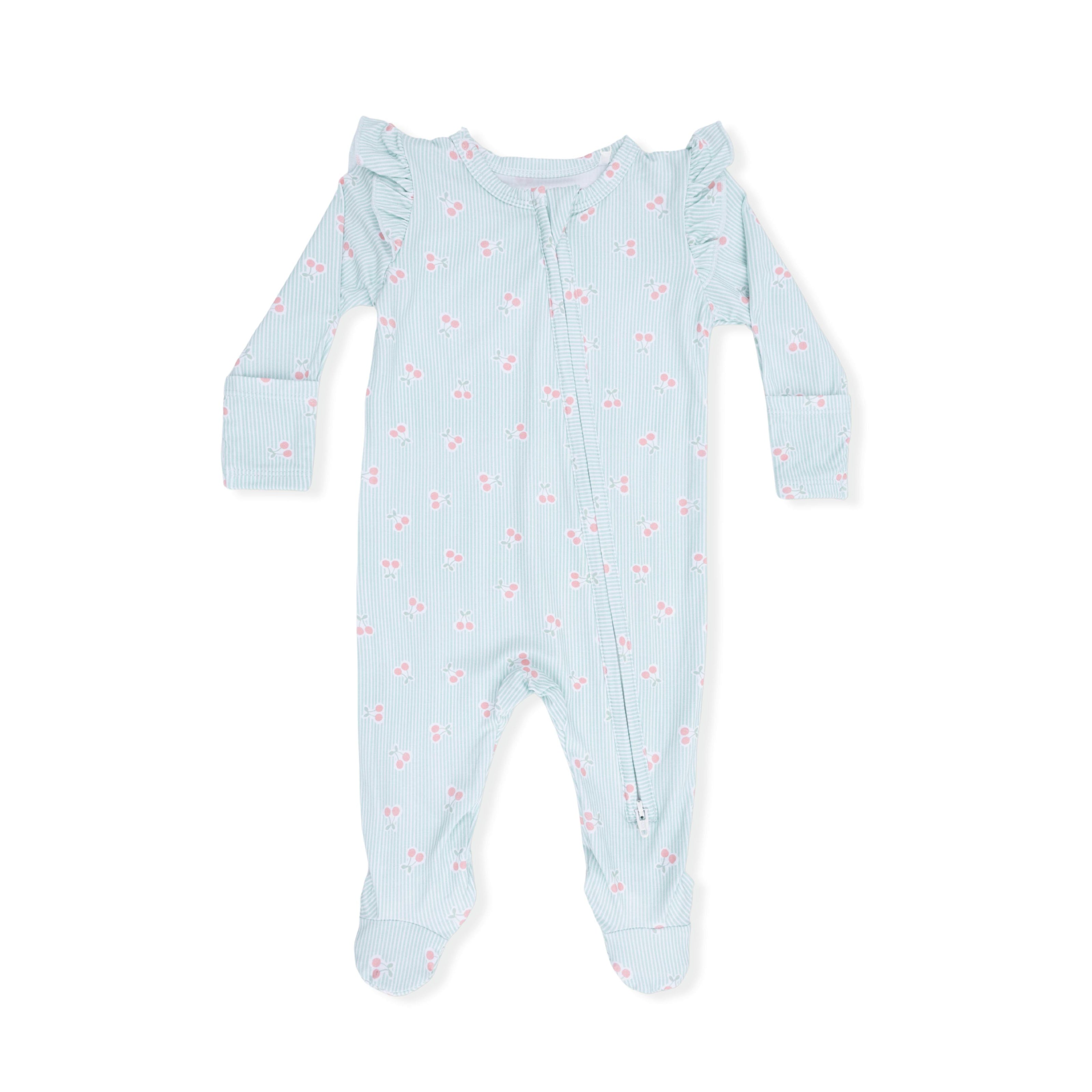 Tiny Cherry Stripe - 2 Way Ruffle Sleeve Zipper Footie