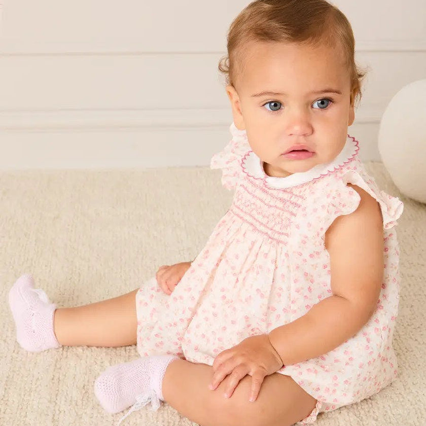 Martha Floral Hand Smocked Cap Sleeve Scallop Collar Dress in Pink (1-9mths)