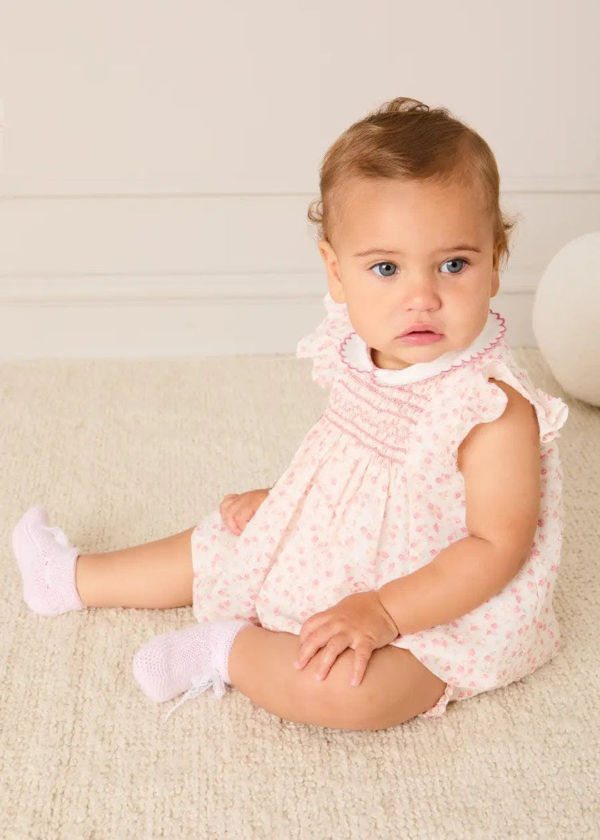 Martha Floral Hand Smocked Cap Sleeve Scallop Collar Dress in Pink (1-9mths)
