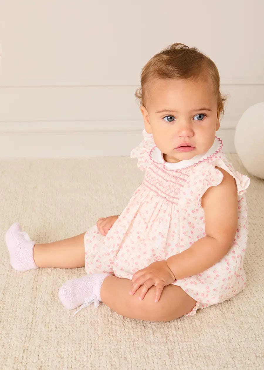 Martha Floral Hand Smocked Cap Sleeve Scallop Collar Dress in Pink (1-9mths)
