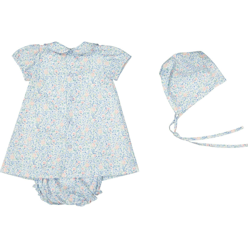 Olympe Blue Floral Smocked Baby Set with Bloomers and Hat
