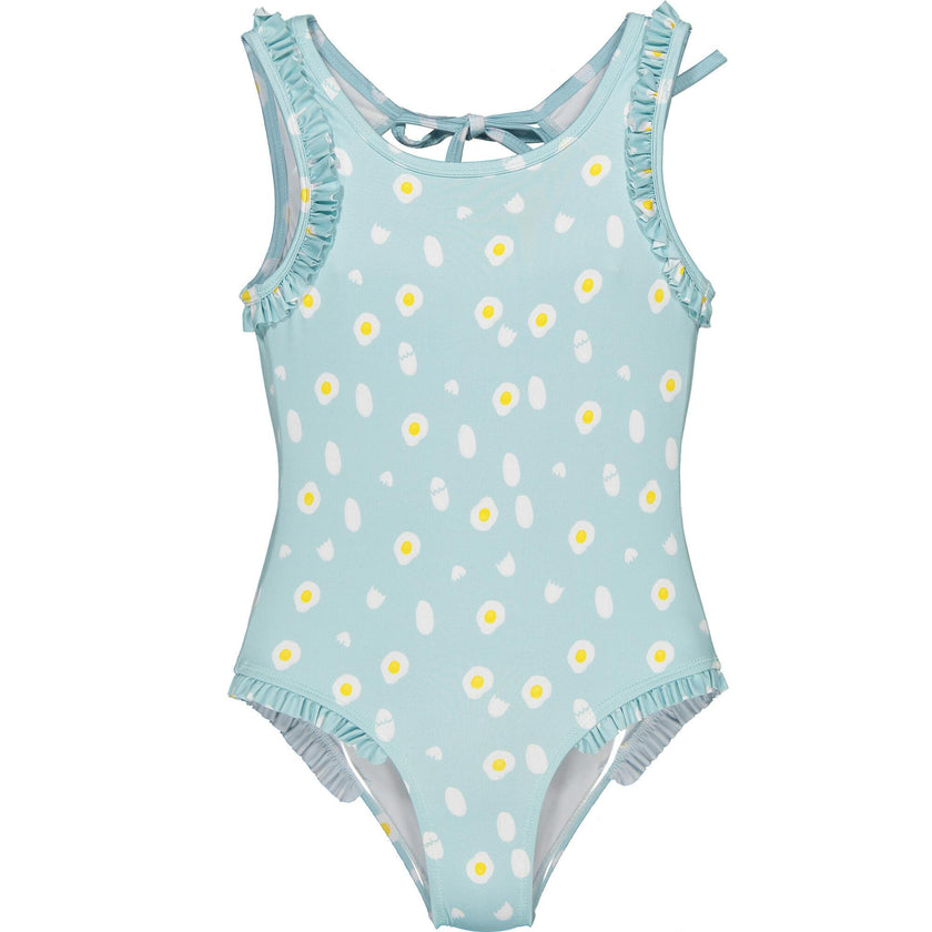 Eggs Print Ruffle Shoulder Swimsuit, Blue
