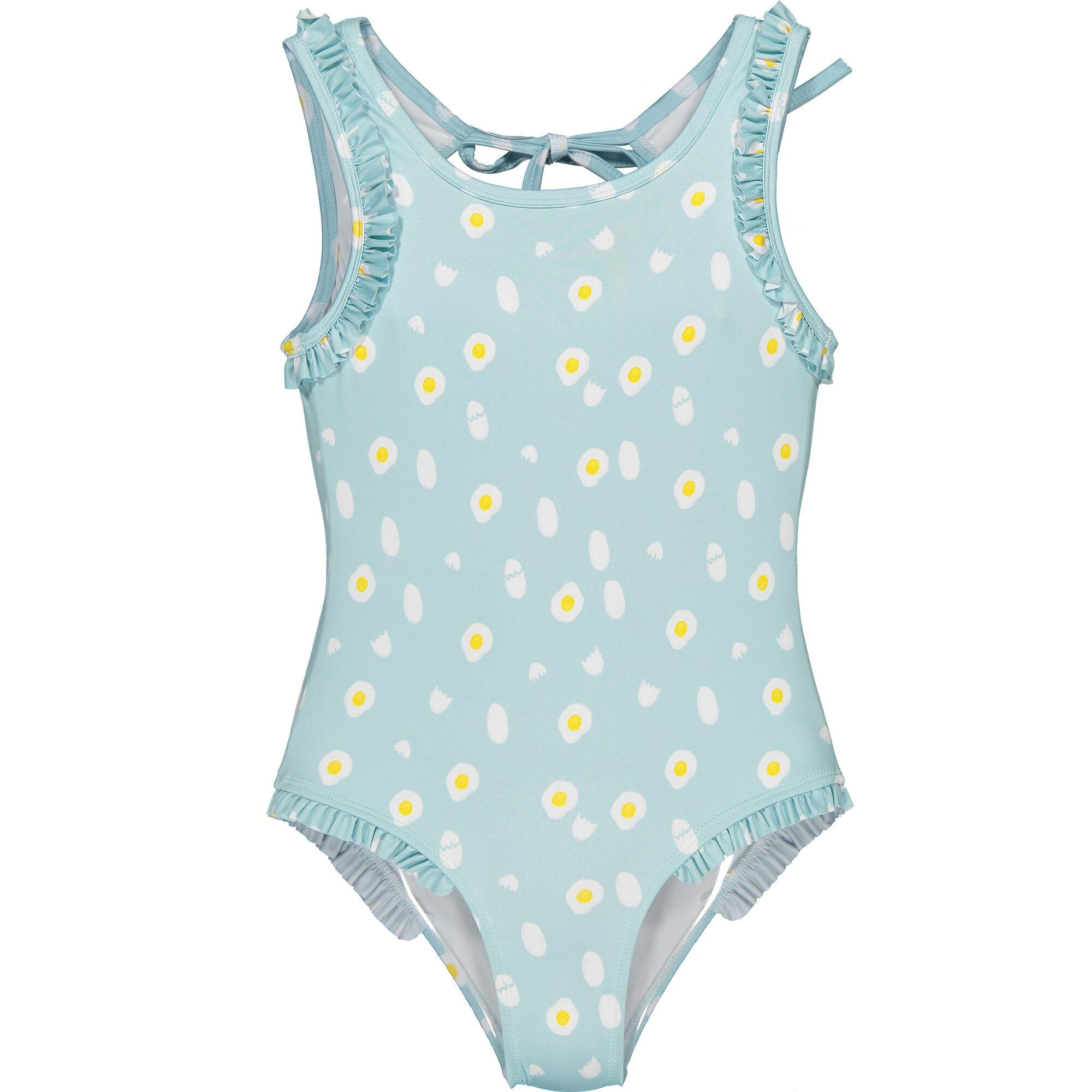 Eggs Print Ruffle Shoulder Swimsuit, Blue
