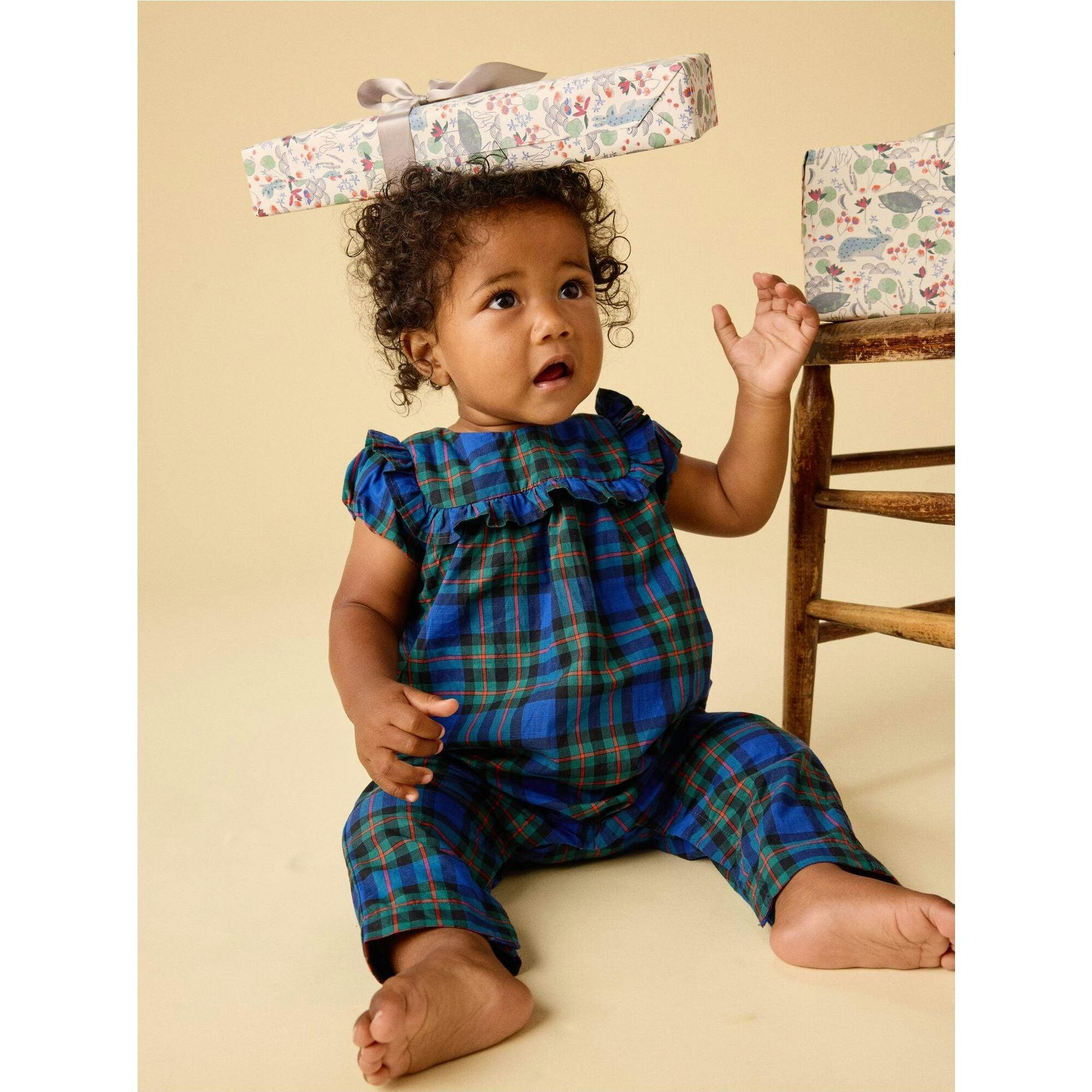 Plaid Ruffle Baby Romper, Blue