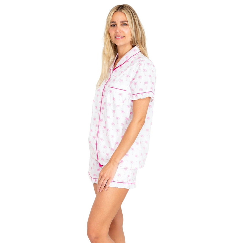 Women's Pink Palm Tree Short PJ Set - Organic Cotton Poplin