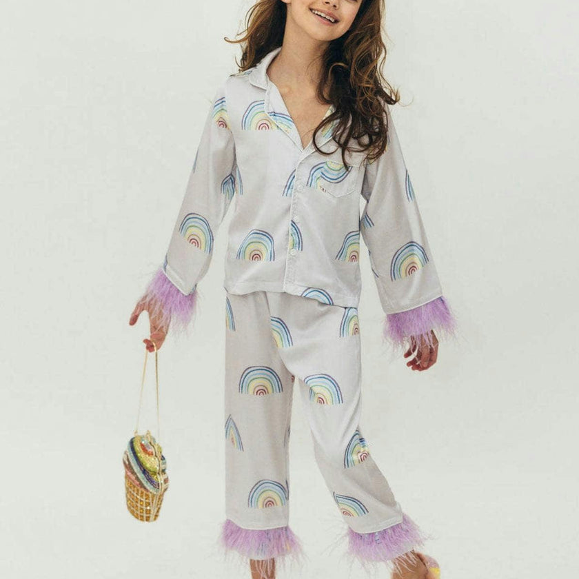 Rainbow Feather Trims Silk Pajama Set