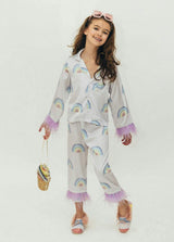 Rainbow Feather Trims Silk Pajama Set