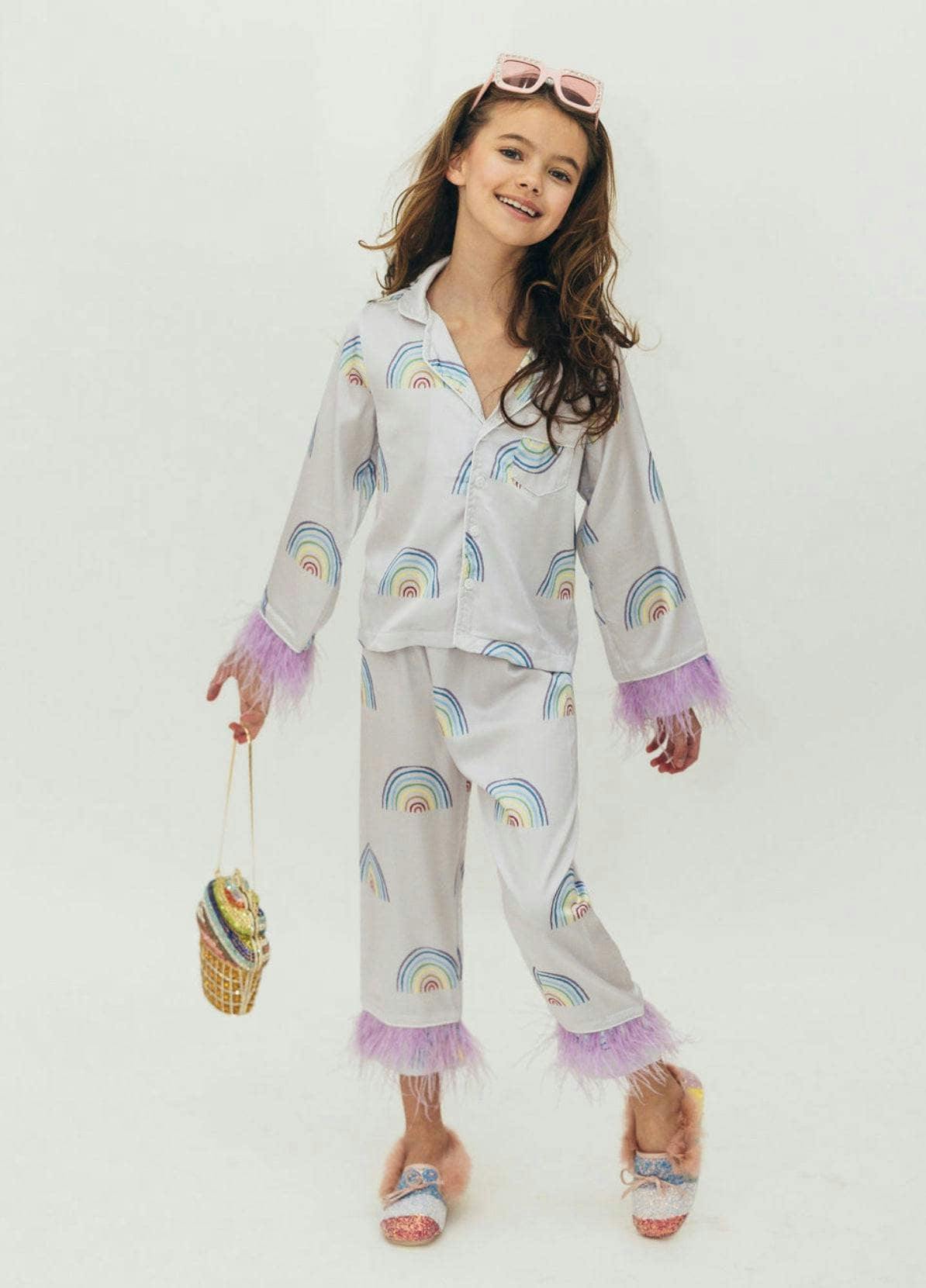 Rainbow Feather Trims Silk Pajama Set