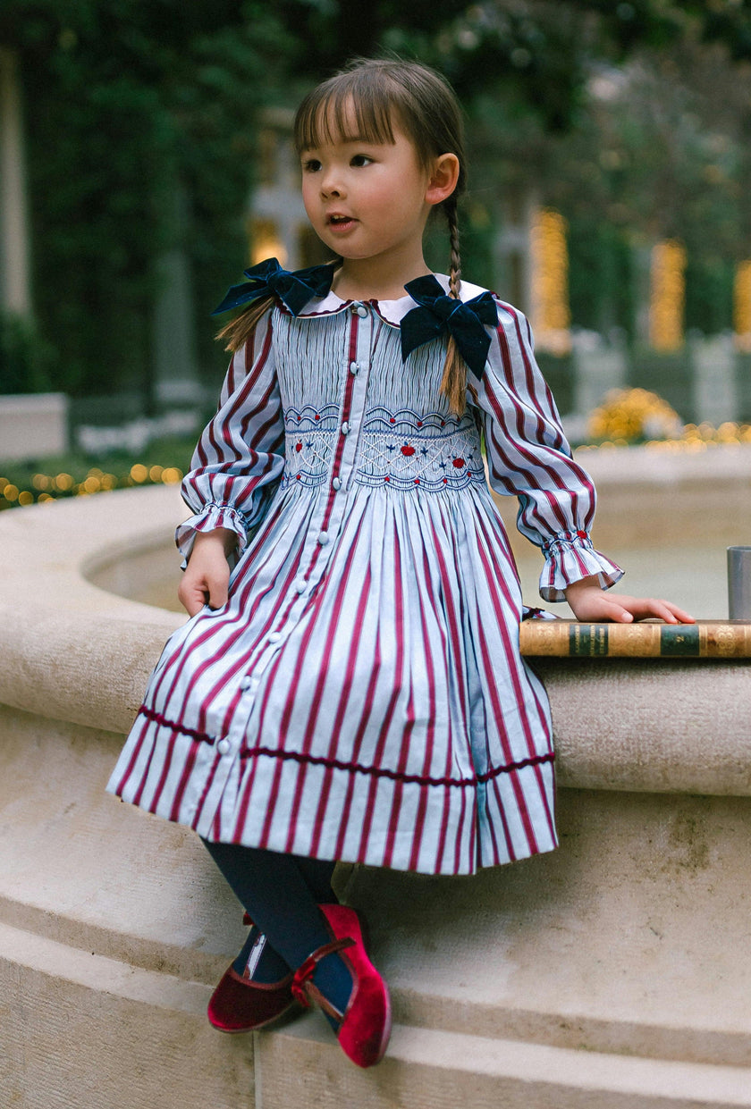 MARINE STRIPE BLUE BURGUNDY SMOCKED DRESS