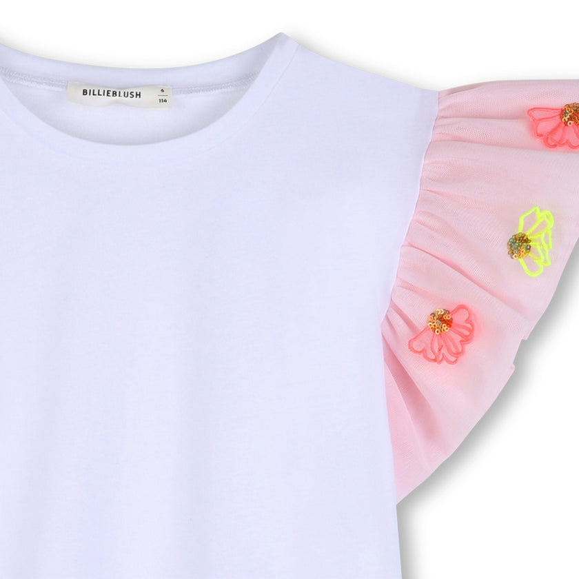 White T‑Shirt with Pink Ruffled Floral Sleeves