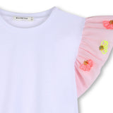 White T‑Shirt with Pink Ruffled Floral Sleeves