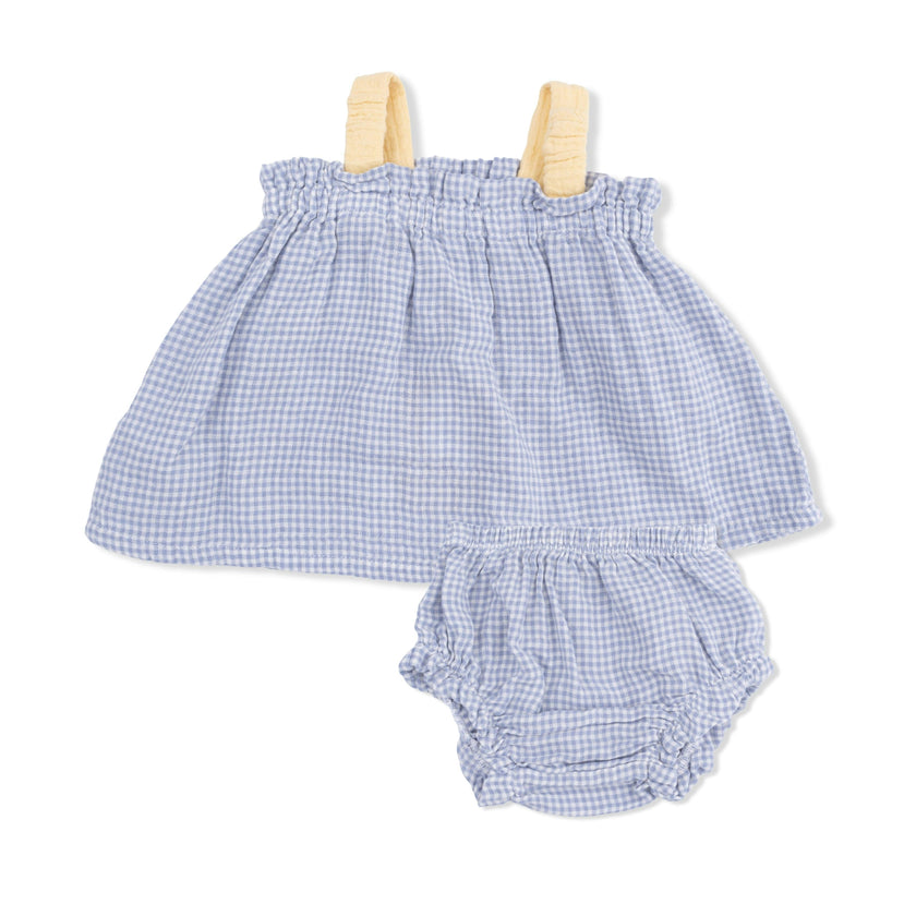 Micro Gingham Blue Blizzard - Top with Bows and Ruffle Leg Bloomer