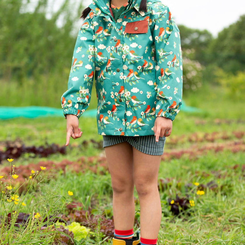 Turquoise Birds Recycled Waterproof Raincoat, Turquoise