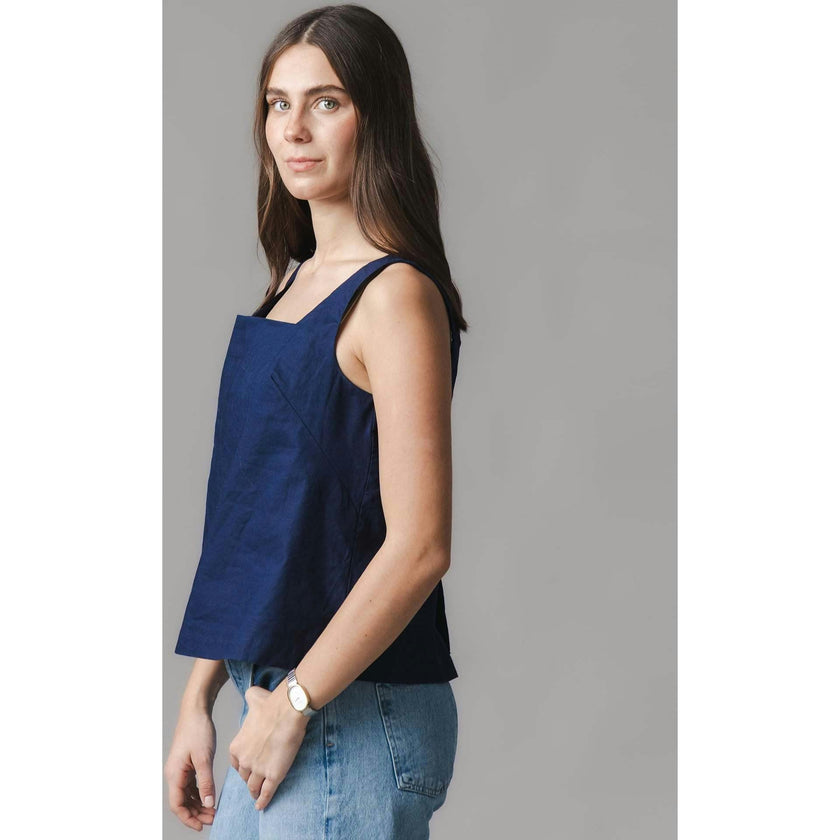 Linen Square Neck Tank, Blue