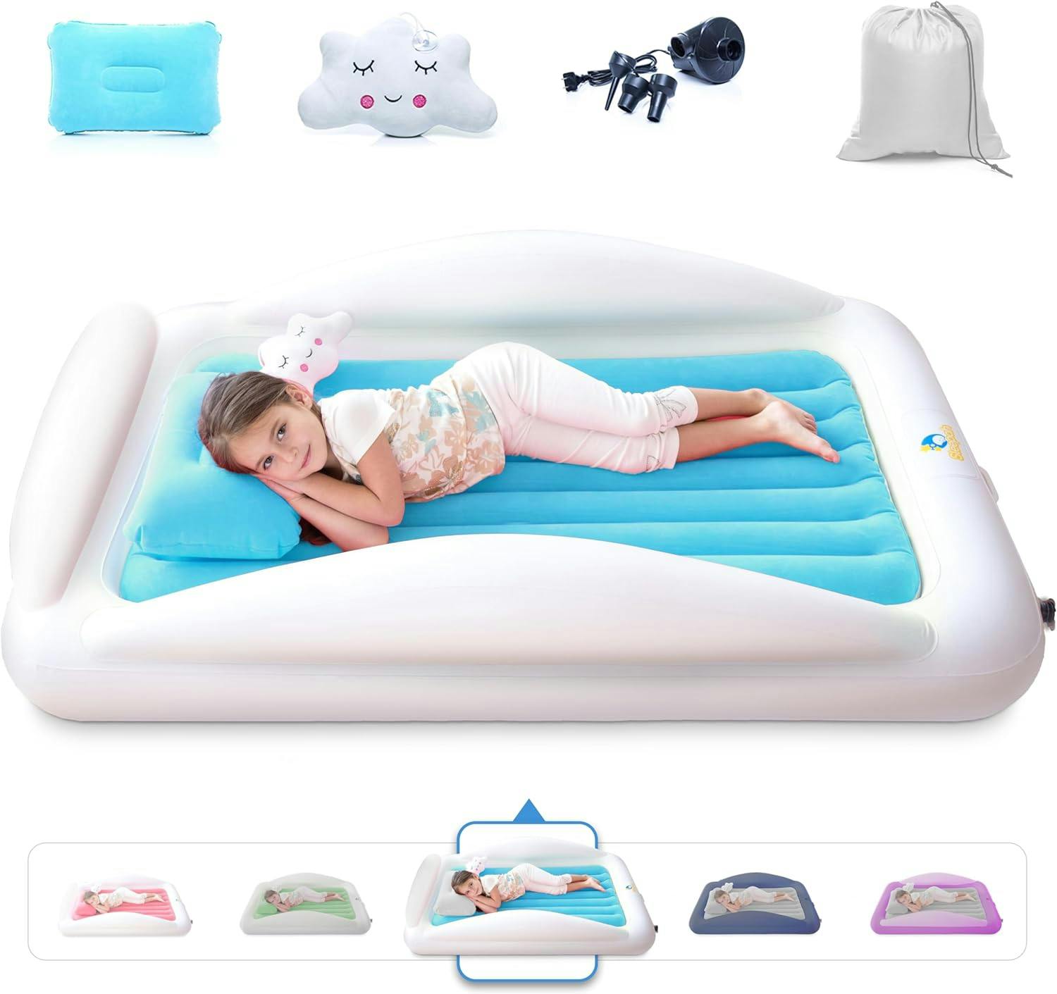 Inflatable Toddler Travel Bed – Kids Blow Up Air Mattress + Safety Bumpers