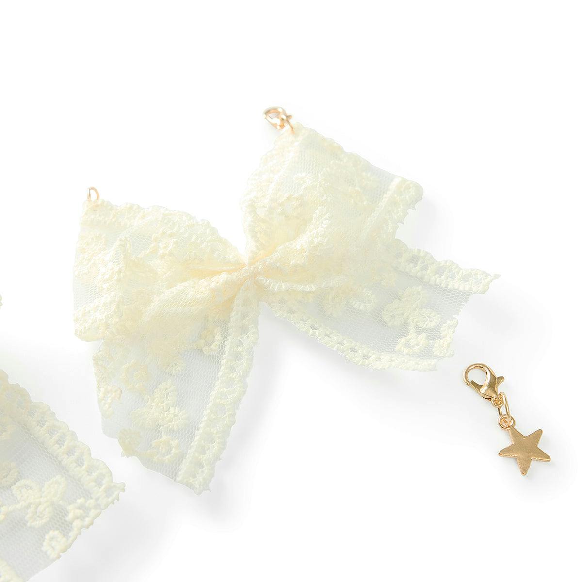 Packed Party Lace Bows and Gold Charms Shoe Charm Set 5pc - Lace Bow, Gold Star, Heart Charm, and Beaded Flower with Lobster Clips for Sneakers, 2.75x3.3 Inch