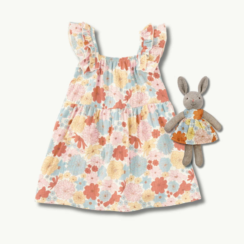 Muslin Flutter Strap Dress + Little Plush Bunny Set - Wildflower Picnic