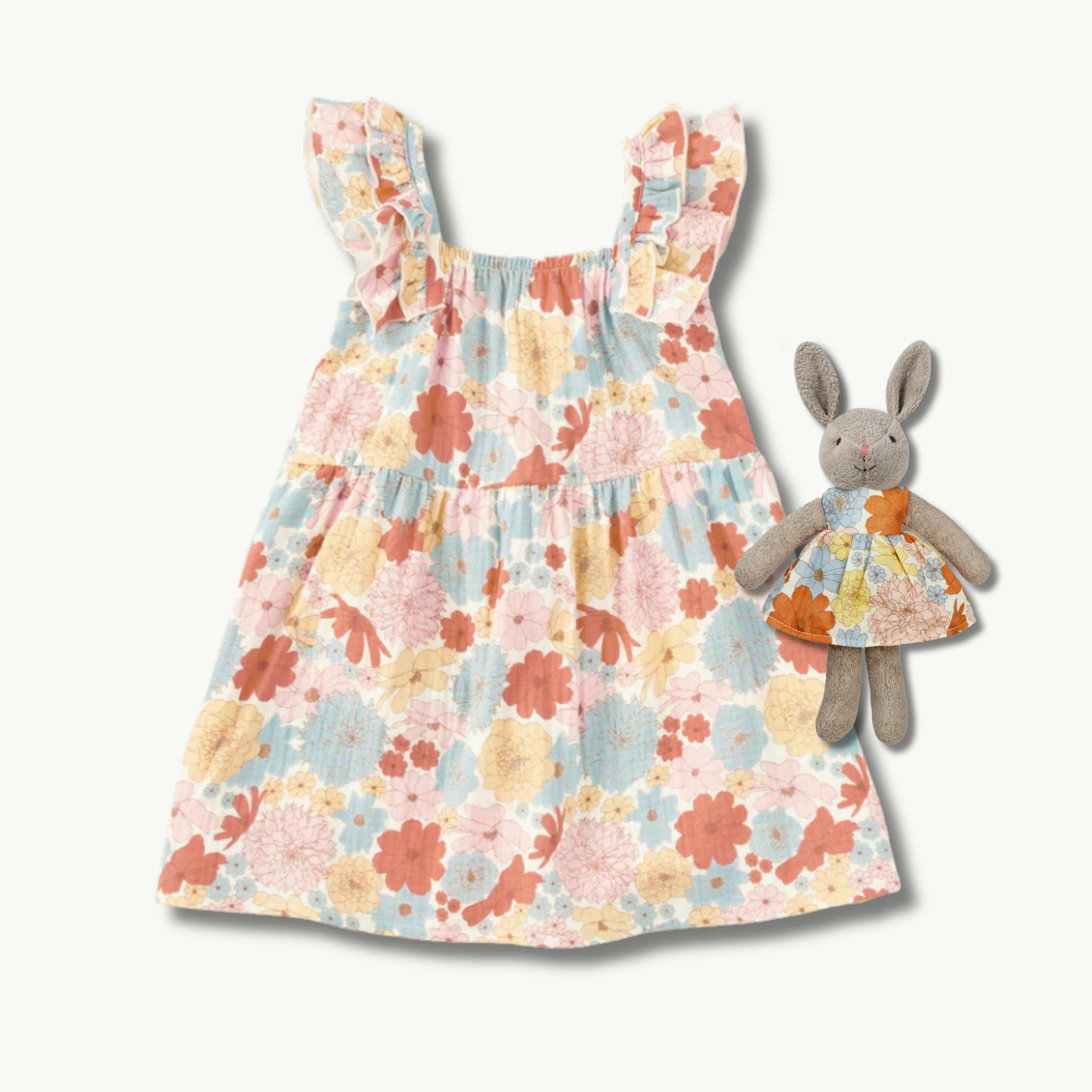 Muslin Flutter Strap Dress + Little Plush Bunny Set - Wildflower Picnic
