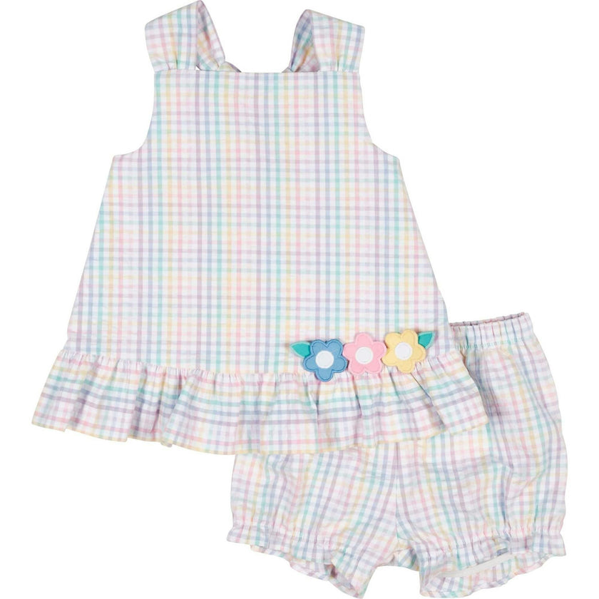 Plaid Seersucker Dress And Bloomer With Flowers