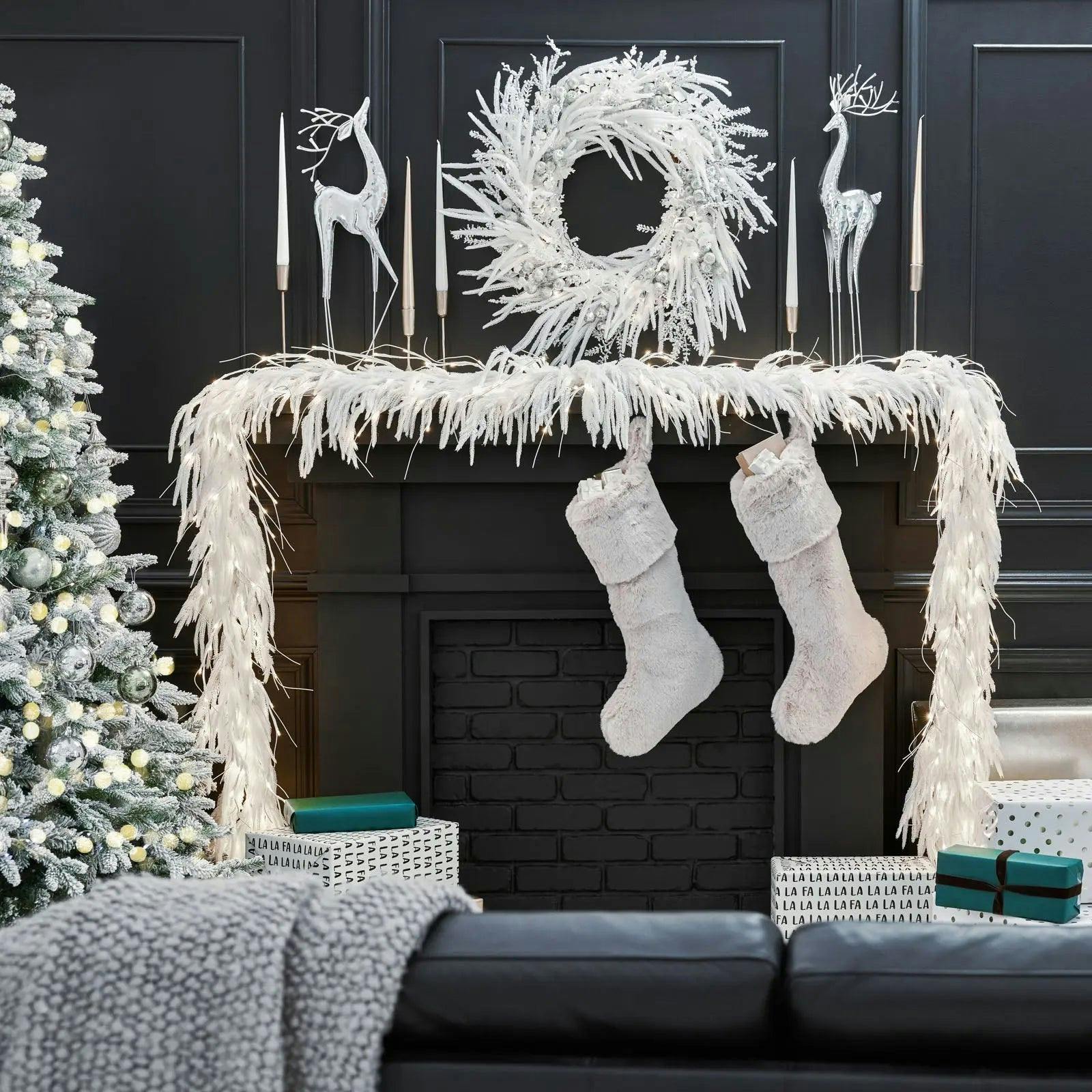 All Aglow - Pre-Lit White Norfolk Pine Christmas Mantel Garland Winter Table Runner