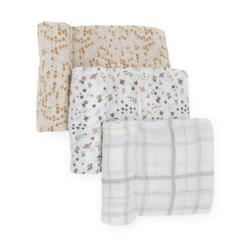 Cotton Muslin Swaddle Blanket 3 Pack - Garden Bees