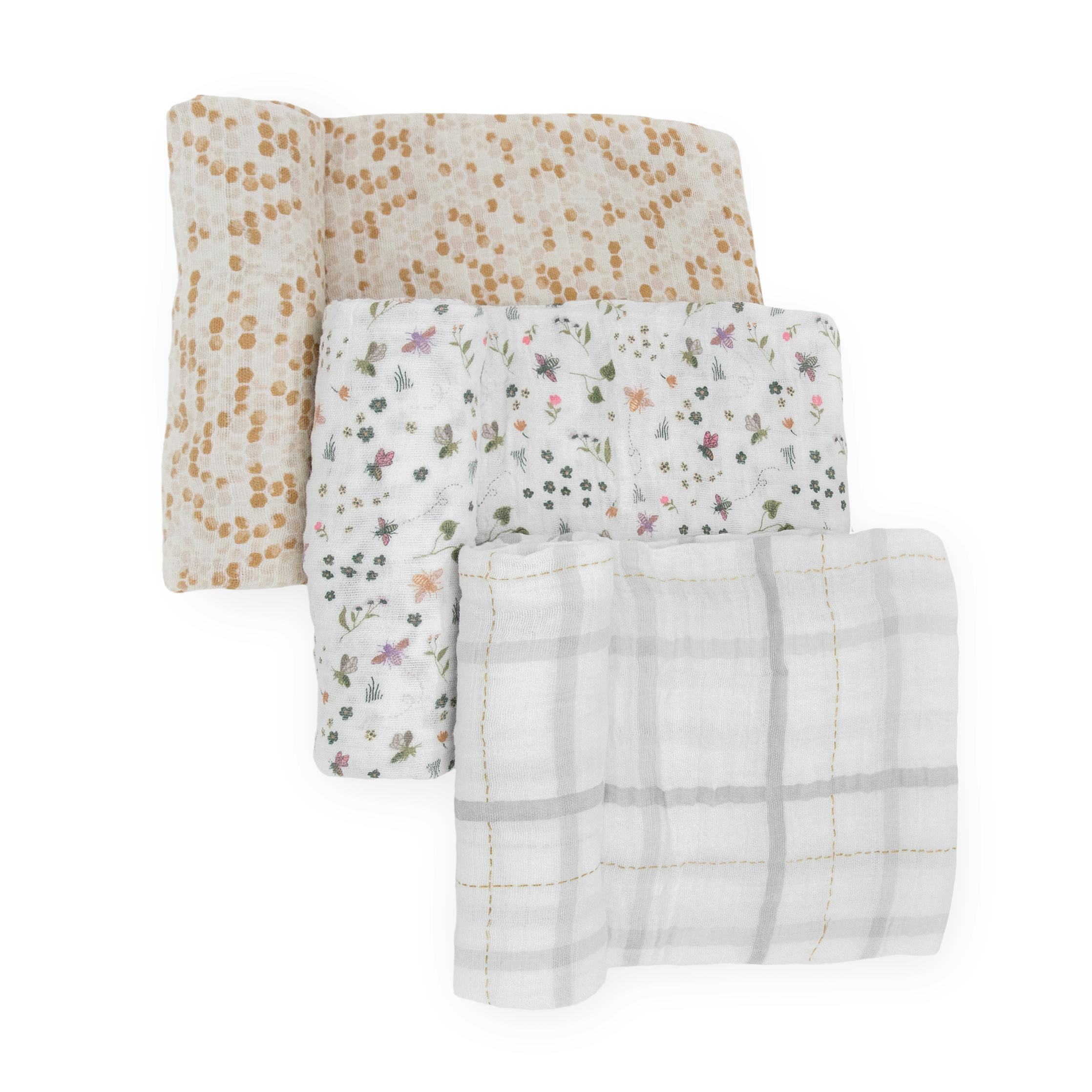 Cotton Muslin Swaddle Blanket 3 Pack - Garden Bees