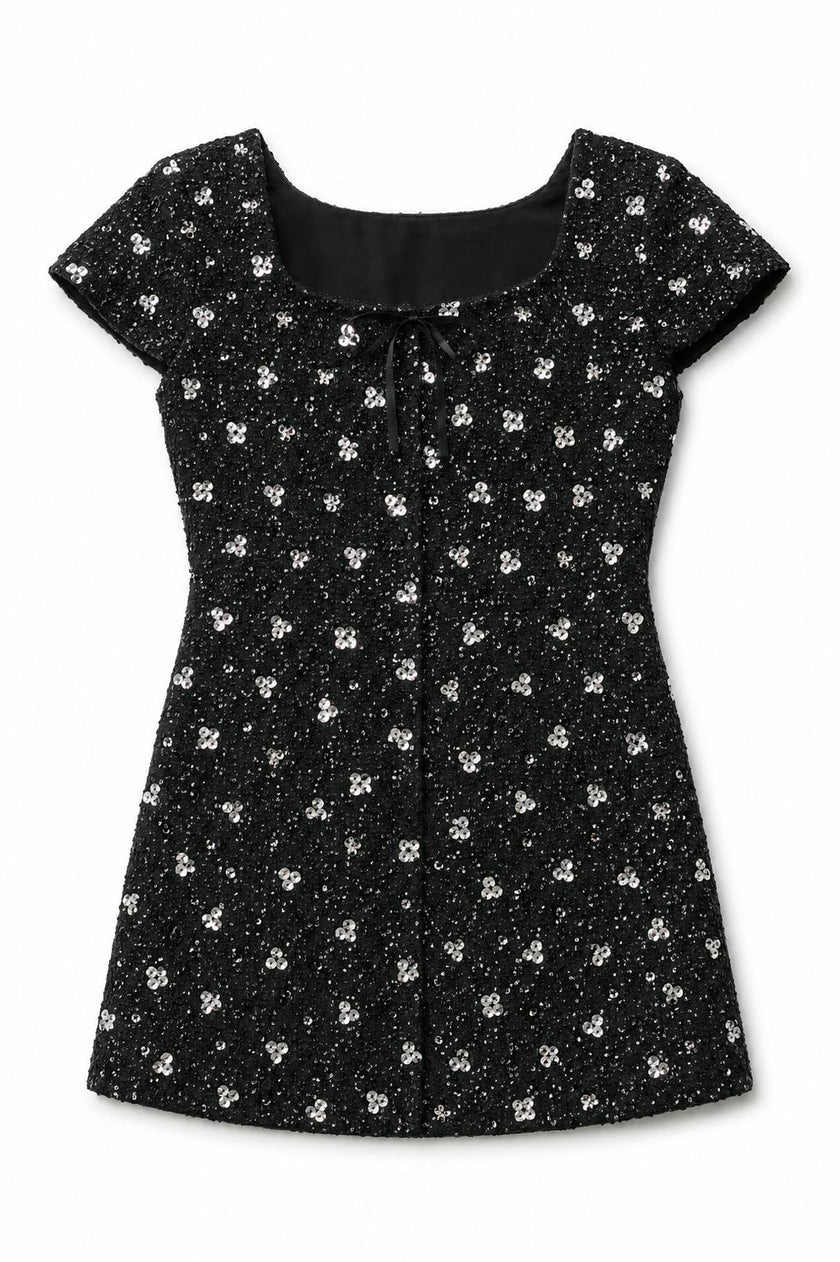 Zoe Black Dress With Silver Flowers Sequin Boucle Cap Sleeve