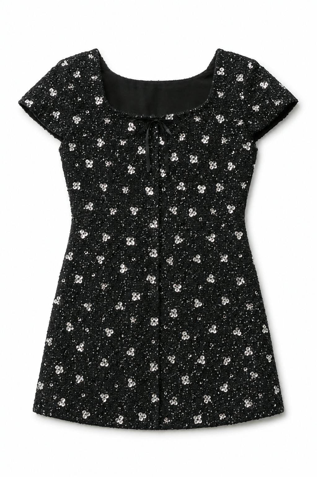 Zoe Black Dress With Silver Flowers Sequin Boucle Cap Sleeve