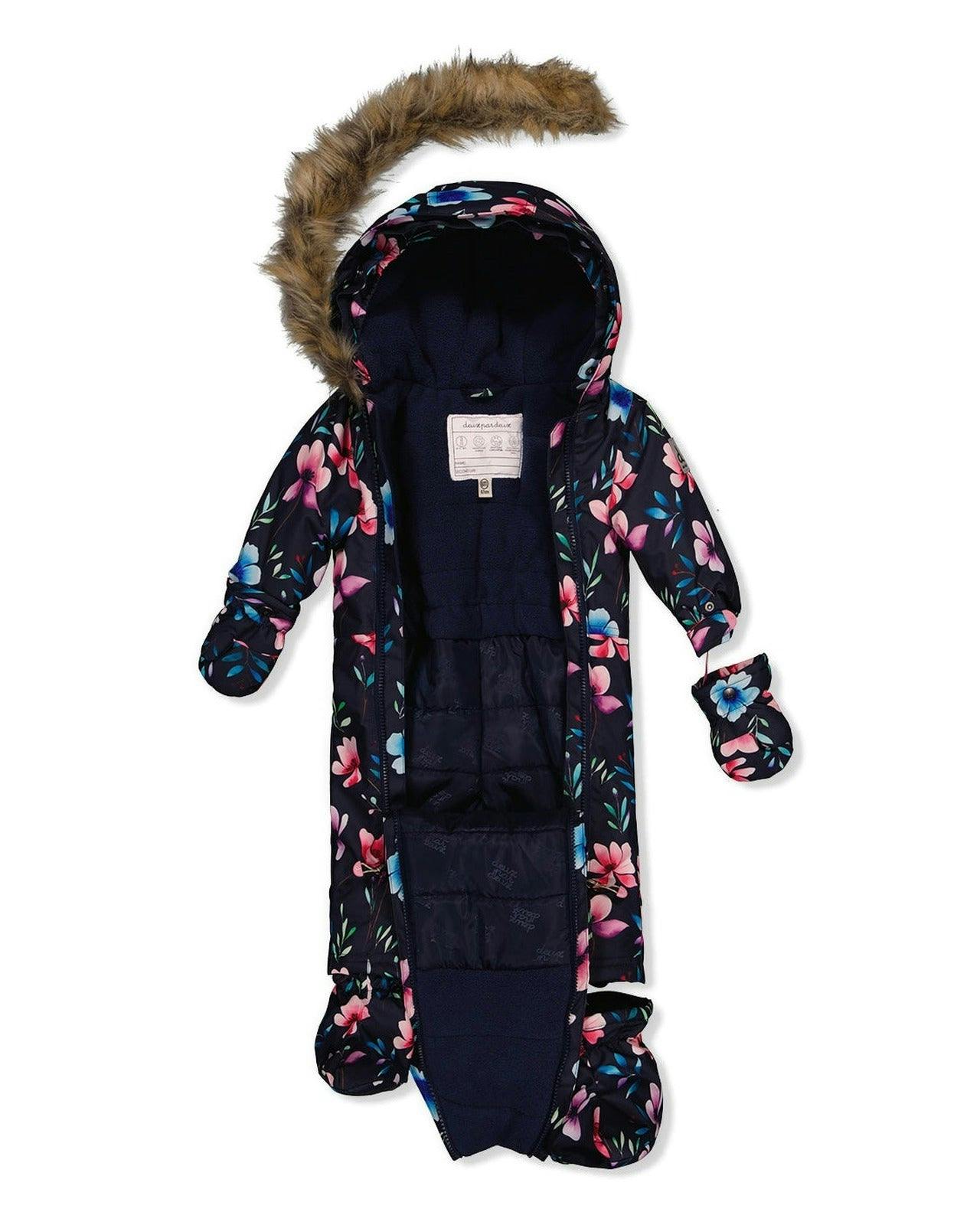 Baby One Piece Snowsuit Adapted For Car Seats Blue Floral Print