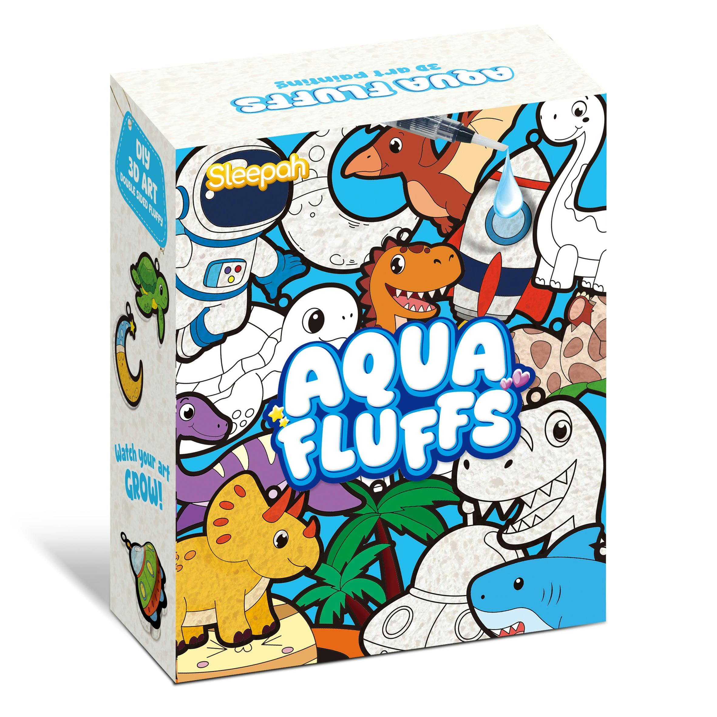 Aqua Fluffs Mess-Free 3D Art Kit for Kids Double-Sided Water-Activated Craft with Dinosaur & Space Designs, No Glue or Paint, Creative Activity Ages 3–8