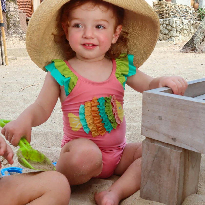 The Coral Reef Ruffle - Little Girls Pink Fish One Piece