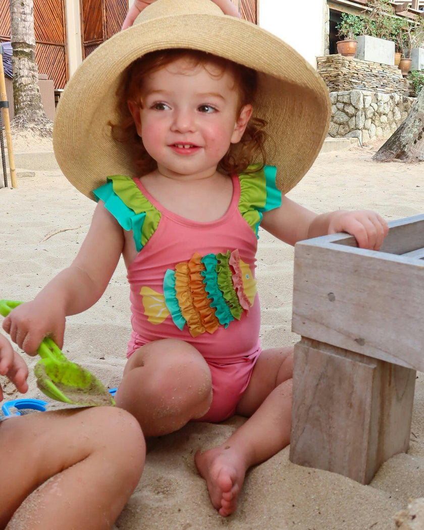 The Coral Reef Ruffle - Little Girls Pink Fish One Piece