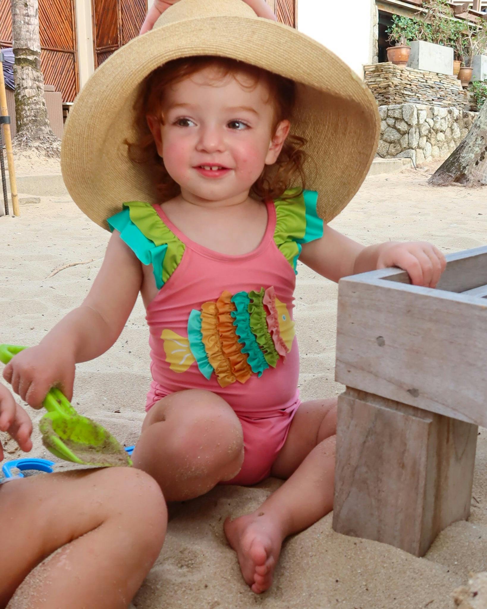 The Coral Reef Ruffle - Little Girls Pink Fish One Piece
