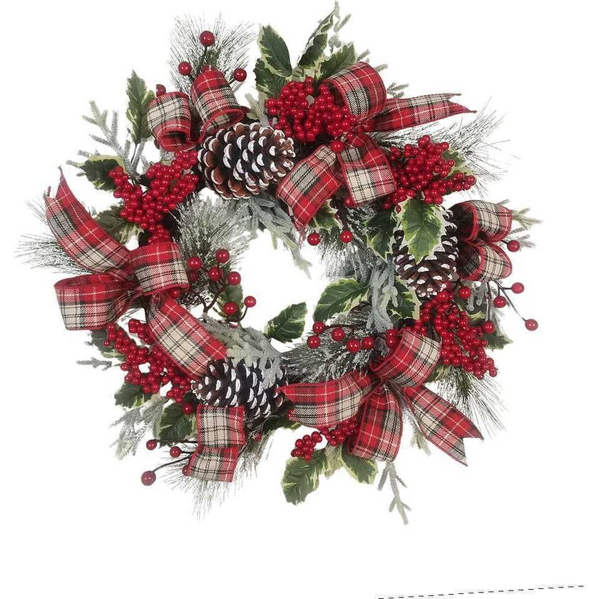 24-Inch Flocked Decorated Unlit Rattan Wreath with Plaid Bow and Holly Berry