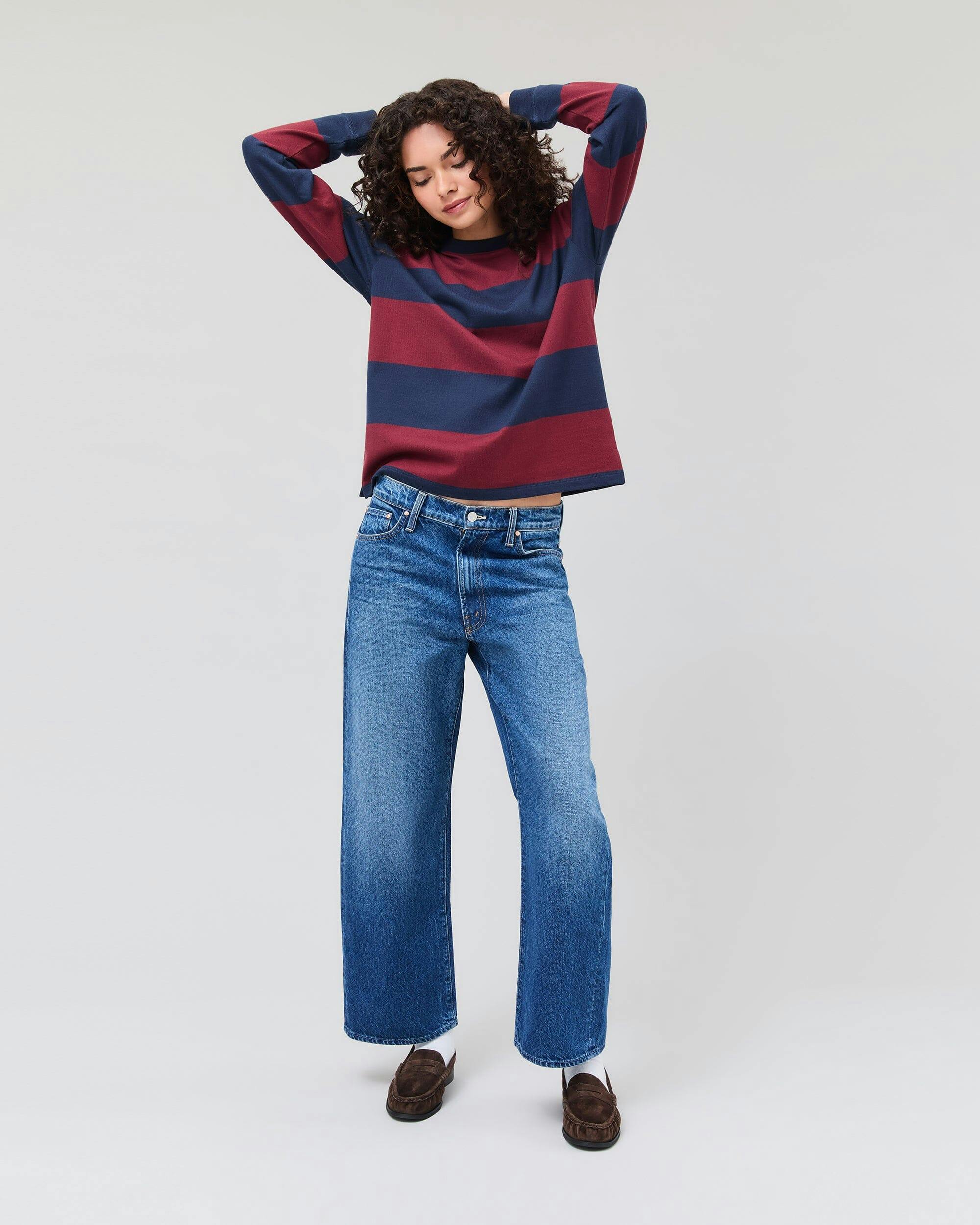 Womens Heavy Pima Rugby Pullover - Pima Cotton Jersey - Maroon/Navy Stripe