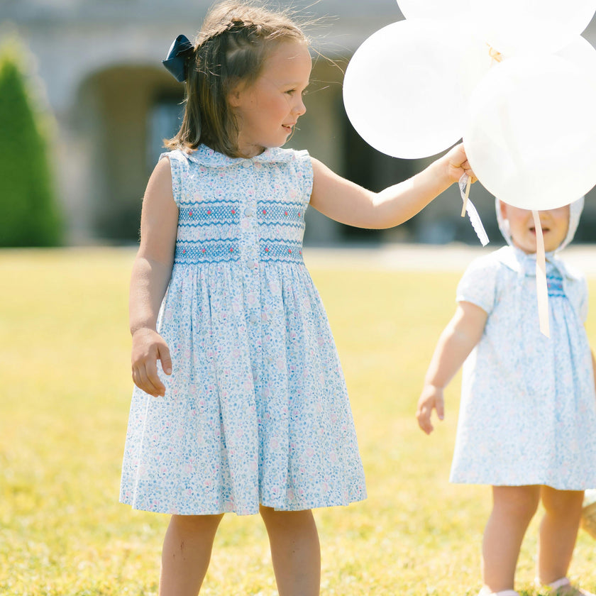 Olympe Floral Blue Sleeveless Smocked Dress