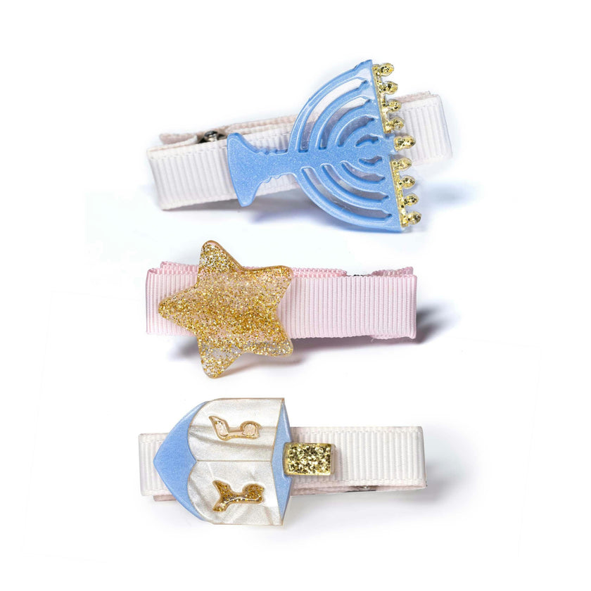 Little Star Menorah Dreidel Blue Hair Clips