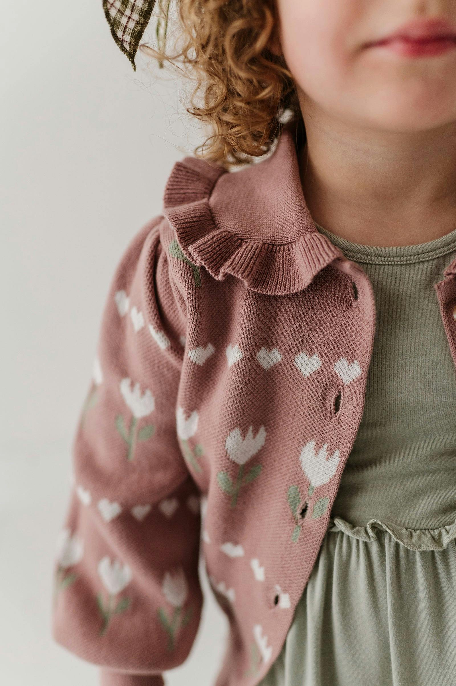 Girls Floral Knit Cardigan in Tulip Heart Intarsia
