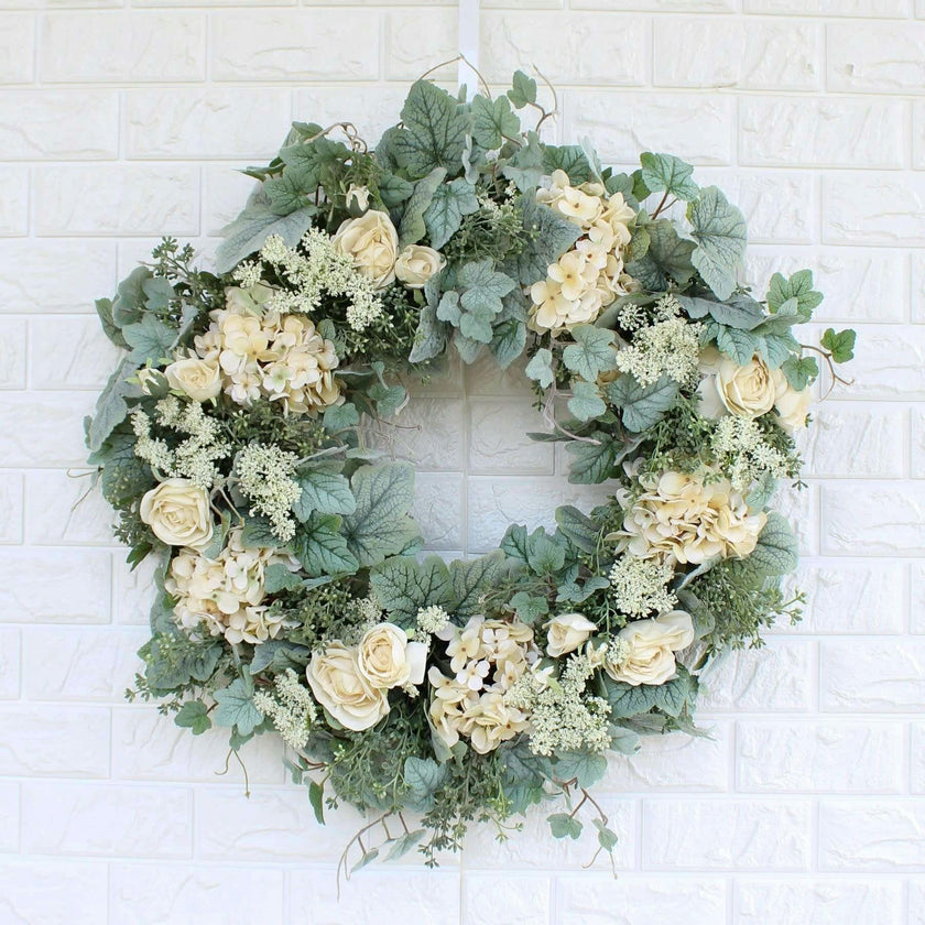 Pistachio Latte Hydrangea and Peony Everyday Front Door Fall Wreath