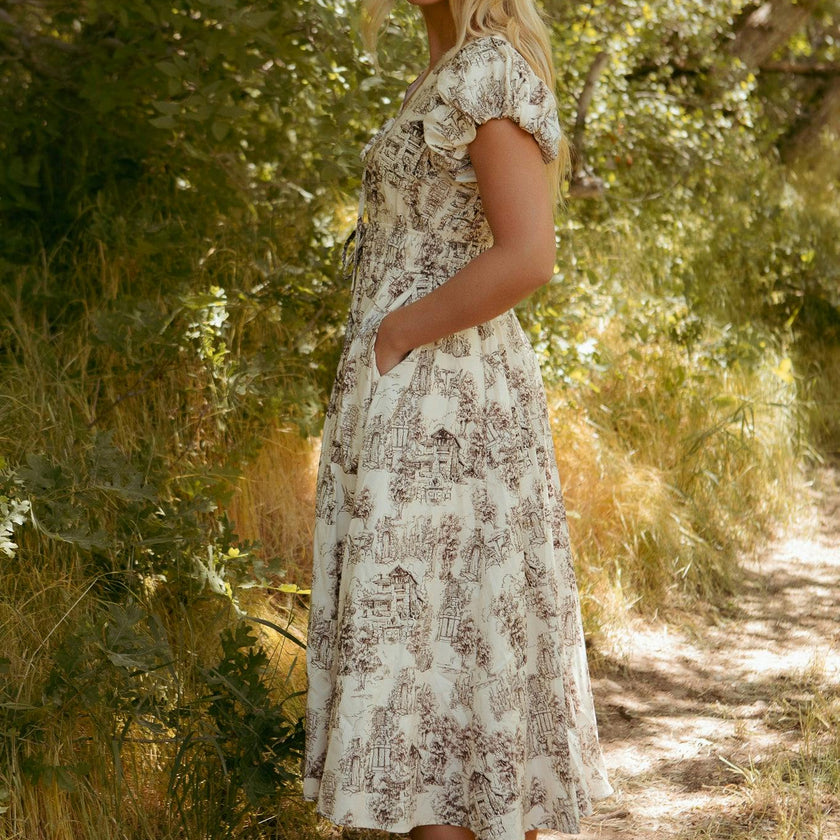 Zaza Midi Dress in Brown Toile